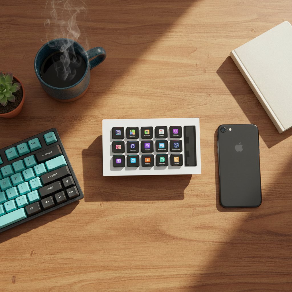 Top-down view of the Dreemdex D10 on a desk with mechanical keyboard and coffee