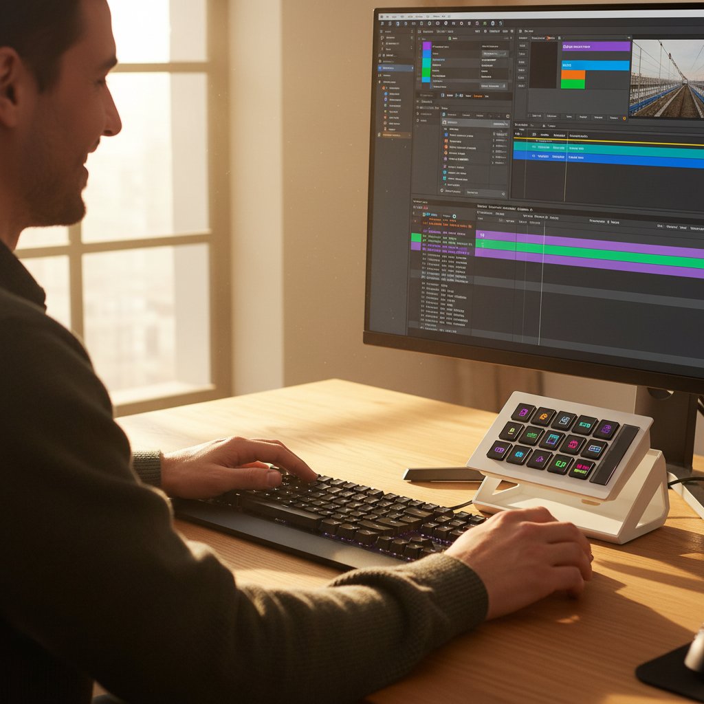 A creator using the Dreemdex D10 at a multi-monitor workstation