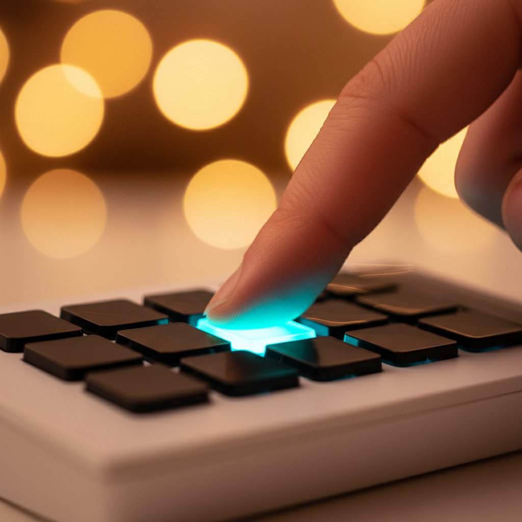 Finger tapping a glowing LCD key on the Dreemdex D10